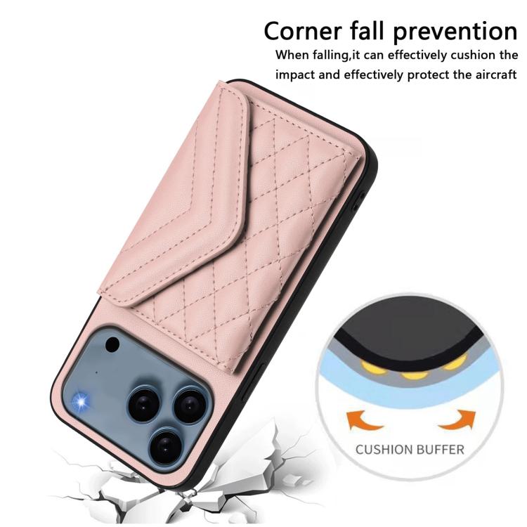 For iPhone 17 Pro Max Rhombic Texture Card Bag RFID Phone Case with Long Lanyard