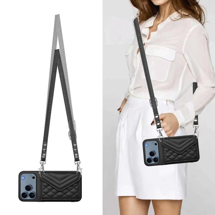 For iPhone 17 Pro Max Rhombic Texture Card Bag RFID Phone Case with Long Lanyard