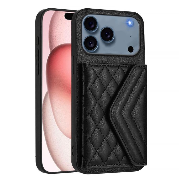 For iPhone 17 Pro Max Rhombic Texture Card Bag RFID Phone Case with Long Lanyard