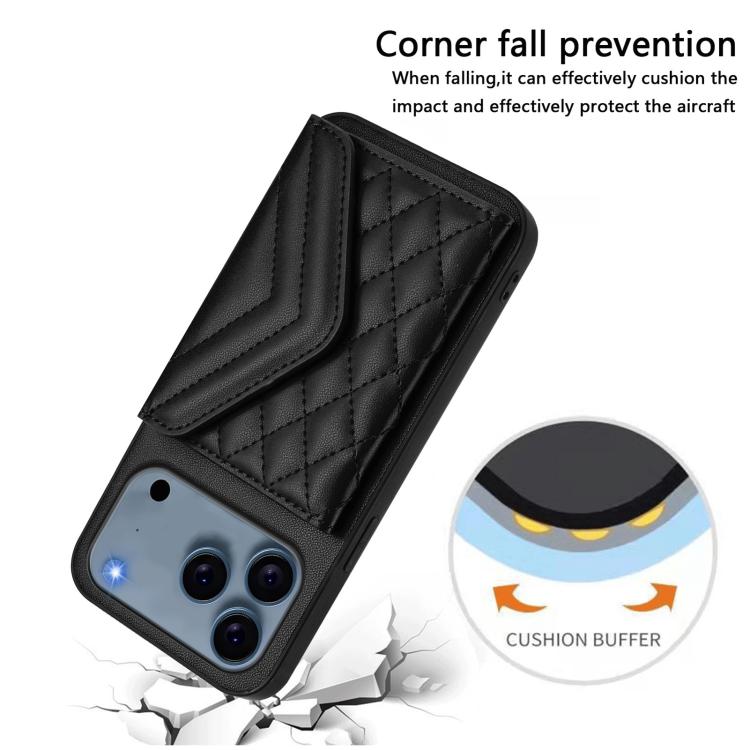 For iPhone 17 Pro Max Rhombic Texture Card Bag RFID Phone Case with Long Lanyard