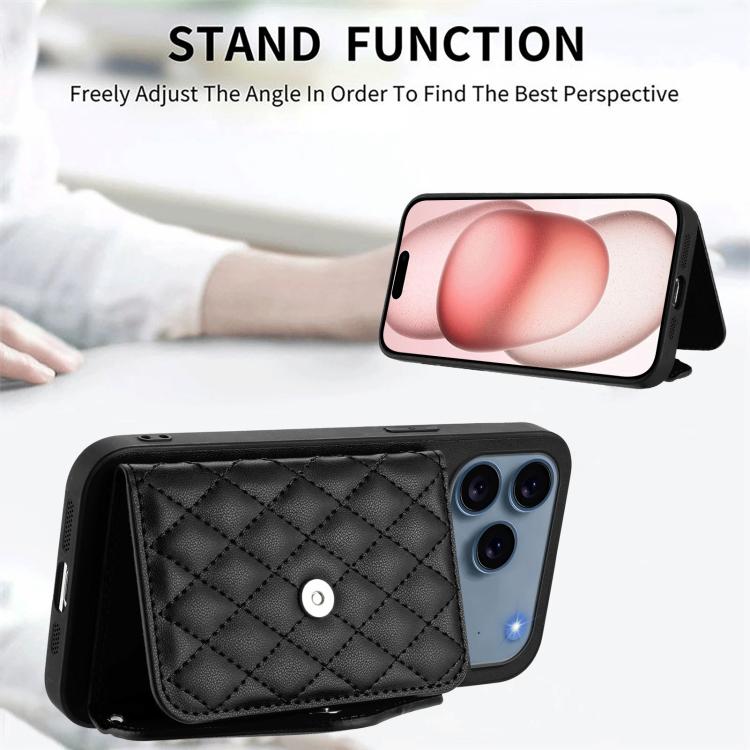 For iPhone 17 Pro Max Rhombic Texture Card Bag RFID Phone Case with Long Lanyard