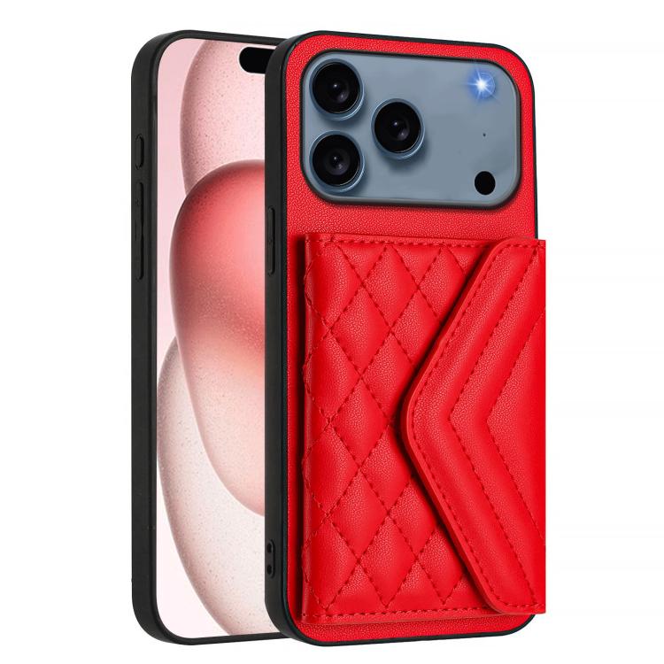 For iPhone 17 Pro Max Rhombic Texture Card Bag RFID Phone Case with Long Lanyard