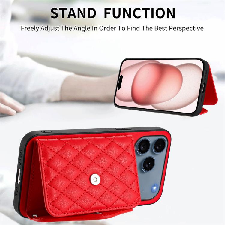For iPhone 17 Pro Max Rhombic Texture Card Bag RFID Phone Case with Long Lanyard