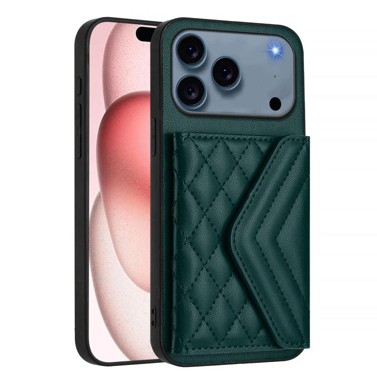 For iPhone 17 Pro Rhombic Texture Card Bag RFID Phone Case with Long Lanyard
