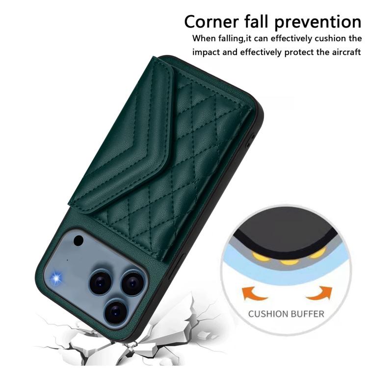 For iPhone 17 Pro Rhombic Texture Card Bag RFID Phone Case with Long Lanyard
