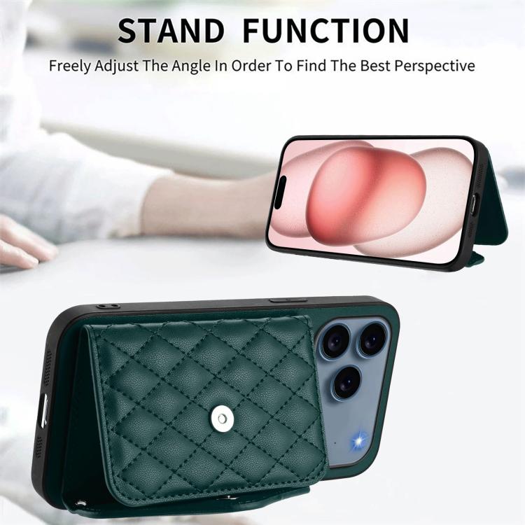 For iPhone 17 Pro Rhombic Texture Card Bag RFID Phone Case with Long Lanyard