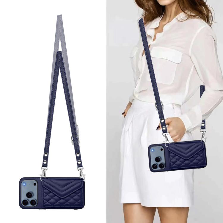 For iPhone 17 Pro Rhombic Texture Card Bag RFID Phone Case with Long Lanyard