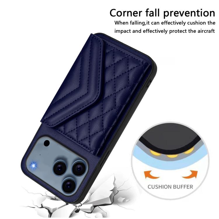 For iPhone 17 Pro Rhombic Texture Card Bag RFID Phone Case with Long Lanyard