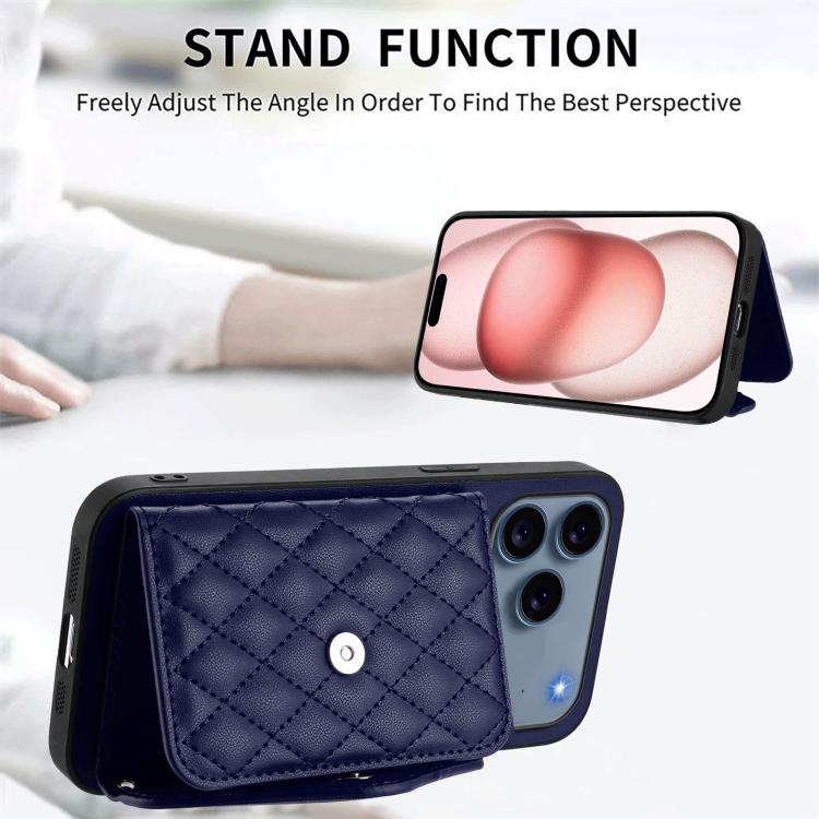 For iPhone 17 Pro Rhombic Texture Card Bag RFID Phone Case with Long Lanyard