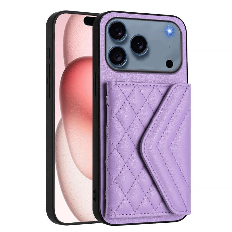 For iPhone 17 Pro Rhombic Texture Card Bag RFID Phone Case with Long Lanyard