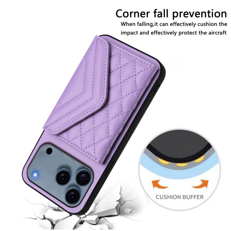For iPhone 17 Pro Rhombic Texture Card Bag RFID Phone Case with Long Lanyard