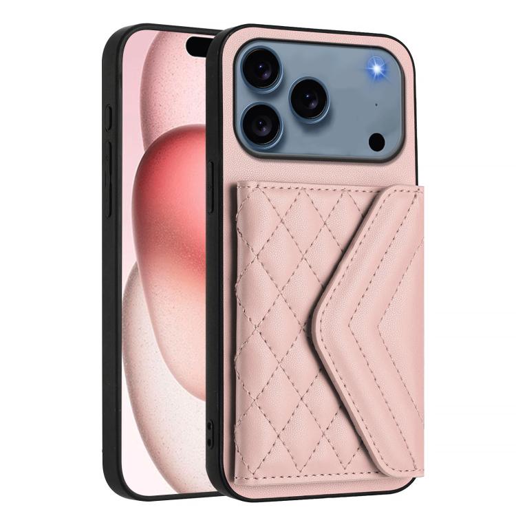 For iPhone 17 Pro Rhombic Texture Card Bag RFID Phone Case with Long Lanyard