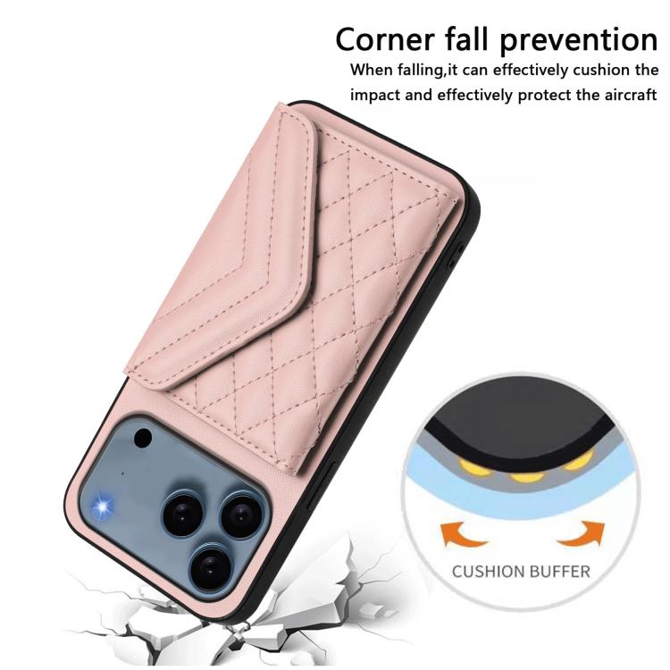 For iPhone 17 Pro Rhombic Texture Card Bag RFID Phone Case with Long Lanyard