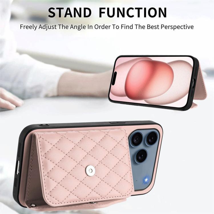 For iPhone 17 Pro Rhombic Texture Card Bag RFID Phone Case with Long Lanyard