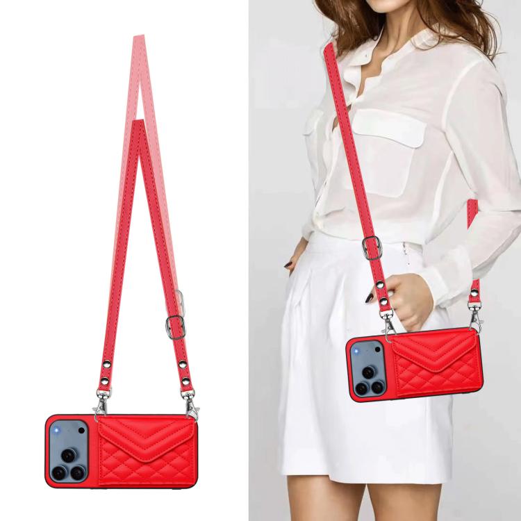 For iPhone 17 Pro Rhombic Texture Card Bag RFID Phone Case with Long Lanyard