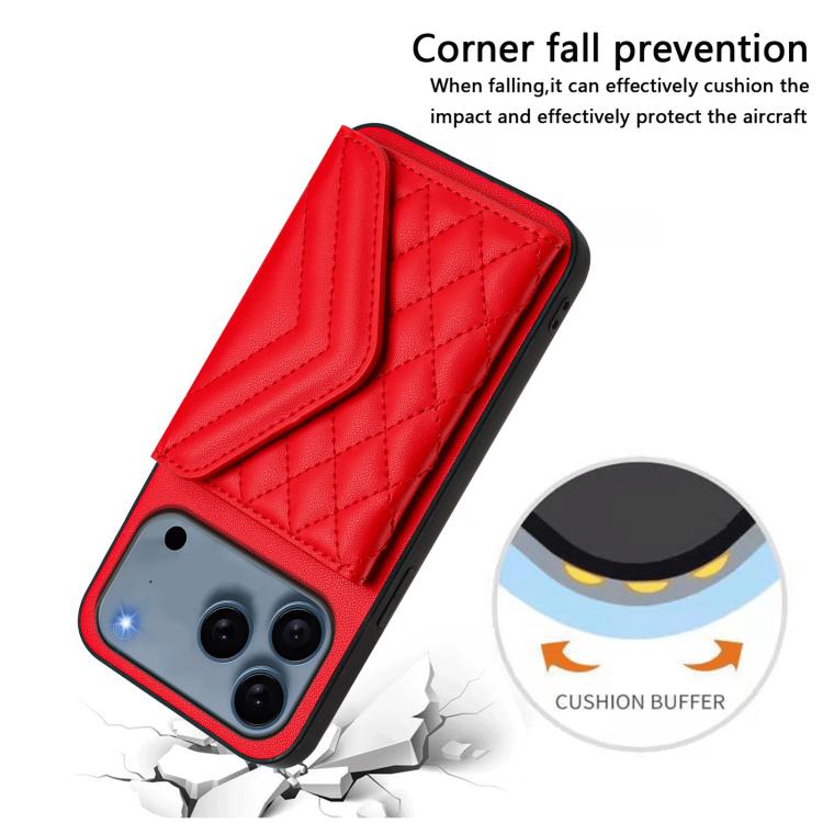 For iPhone 17 Pro Rhombic Texture Card Bag RFID Phone Case with Long Lanyard