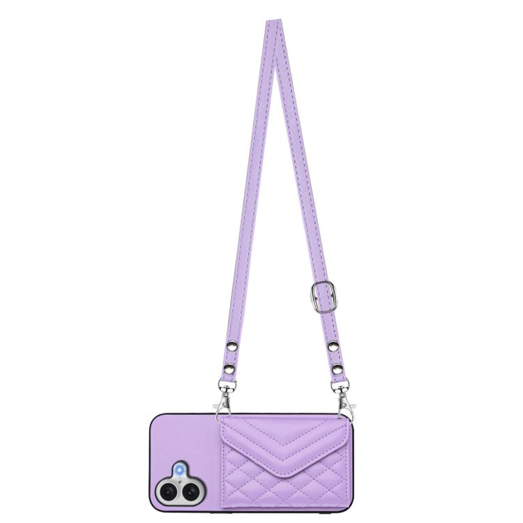 For iPhone 17 Rhombic Texture Card Bag RFID Phone Case with Long Lanyard