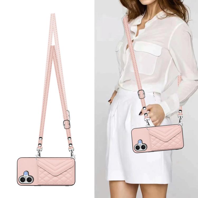For iPhone 17 Rhombic Texture Card Bag RFID Phone Case with Long Lanyard