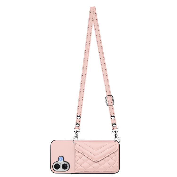 For iPhone 17 Rhombic Texture Card Bag RFID Phone Case with Long Lanyard