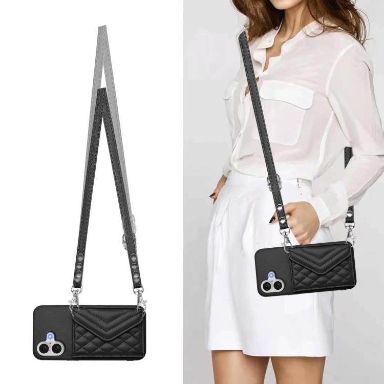 For iPhone 17 Rhombic Texture Card Bag RFID Phone Case with Long Lanyard