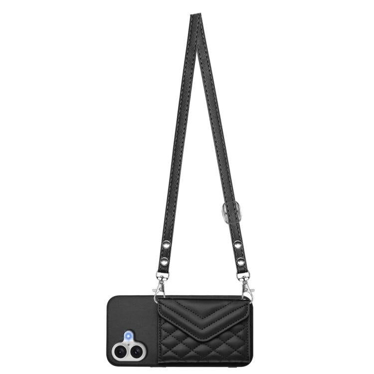 For iPhone 17 Rhombic Texture Card Bag RFID Phone Case with Long Lanyard