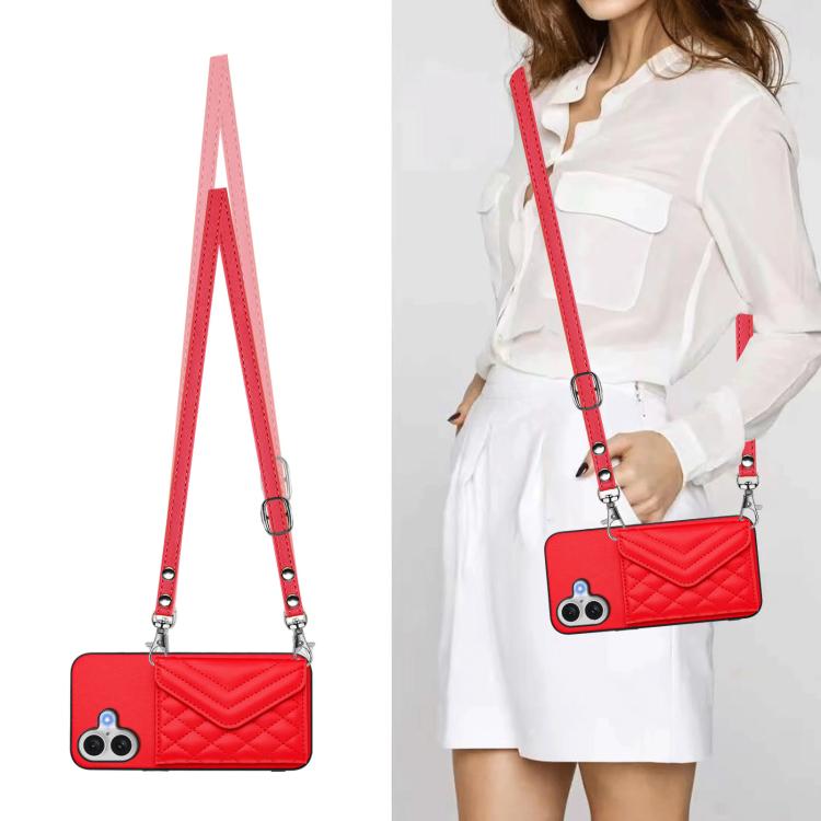 For iPhone 17 Rhombic Texture Card Bag RFID Phone Case with Long Lanyard