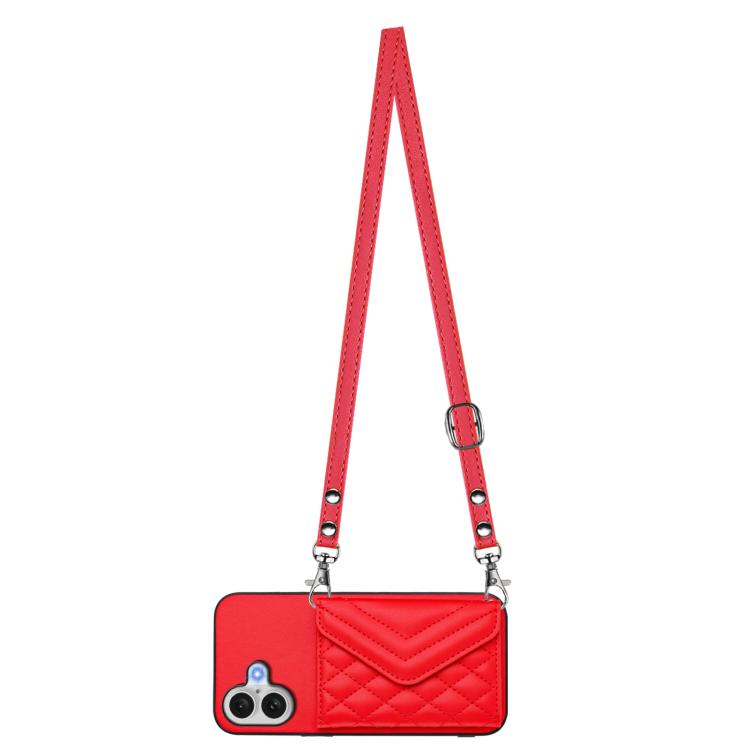 For iPhone 17 Rhombic Texture Card Bag RFID Phone Case with Long Lanyard