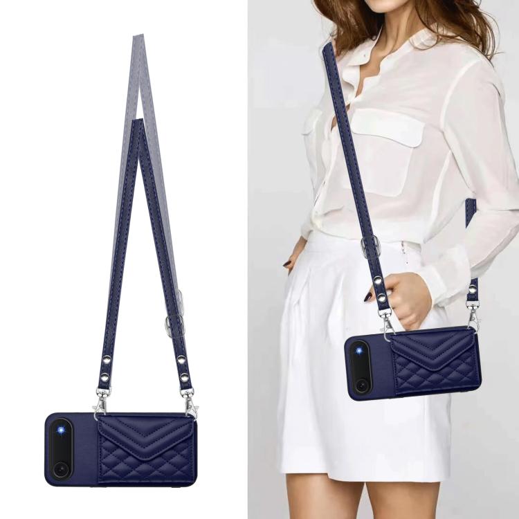 For iPhone Air Rhombic Texture Card Bag RFID Phone Case with Long Lanyard