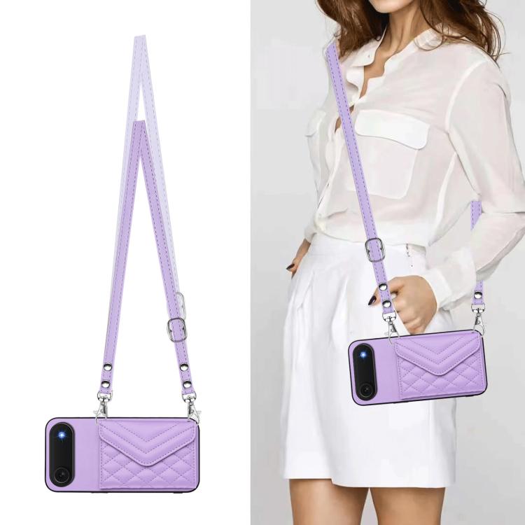 For iPhone Air Rhombic Texture Card Bag RFID Phone Case with Long Lanyard