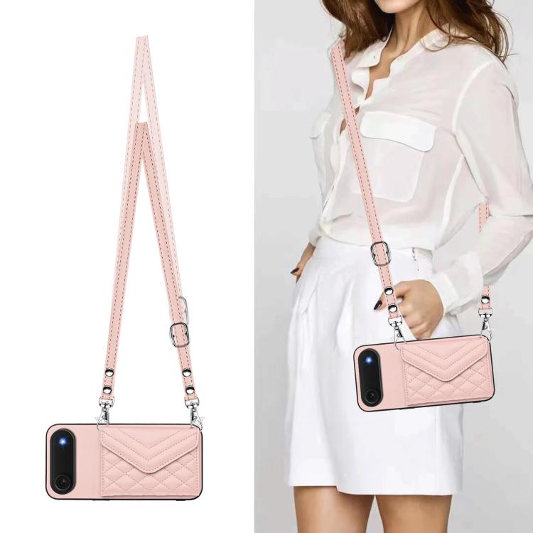 For iPhone Air Rhombic Texture Card Bag RFID Phone Case with Long Lanyard