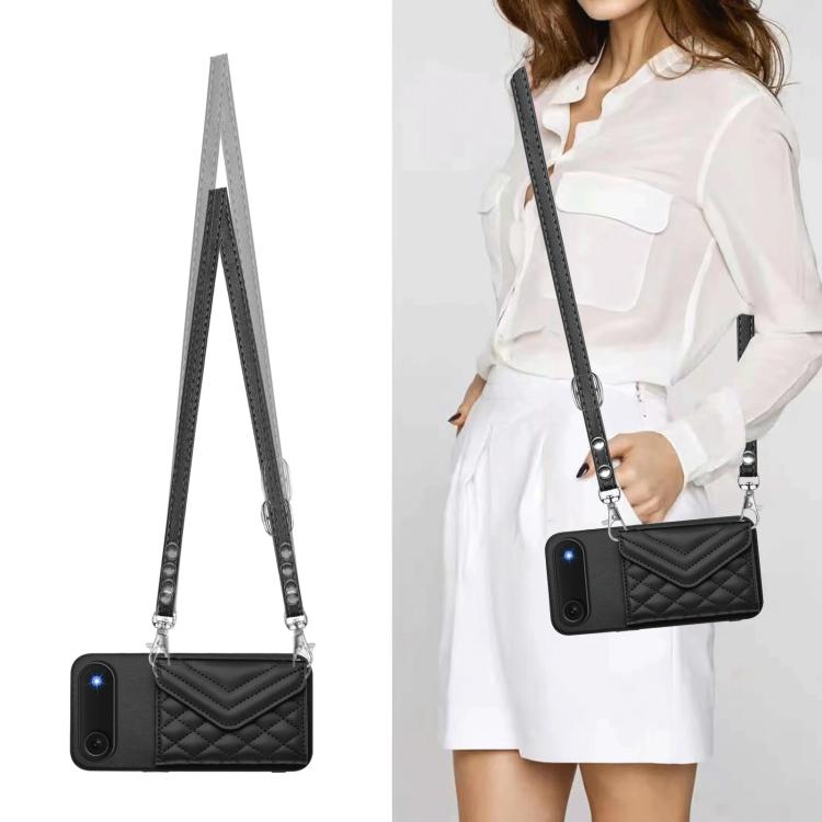 For iPhone Air Rhombic Texture Card Bag RFID Phone Case with Long Lanyard