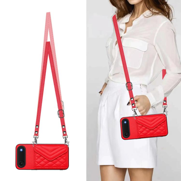 For iPhone Air Rhombic Texture Card Bag RFID Phone Case with Long Lanyard