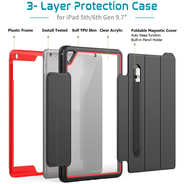 For iPad Air 2 / Air / 9.7 (2018 & 2017) Acrylic + TPU Horizontal Flip Smart Leather Case with Three-folding Holder & Pen Slot & Wake-up / Sleep Function