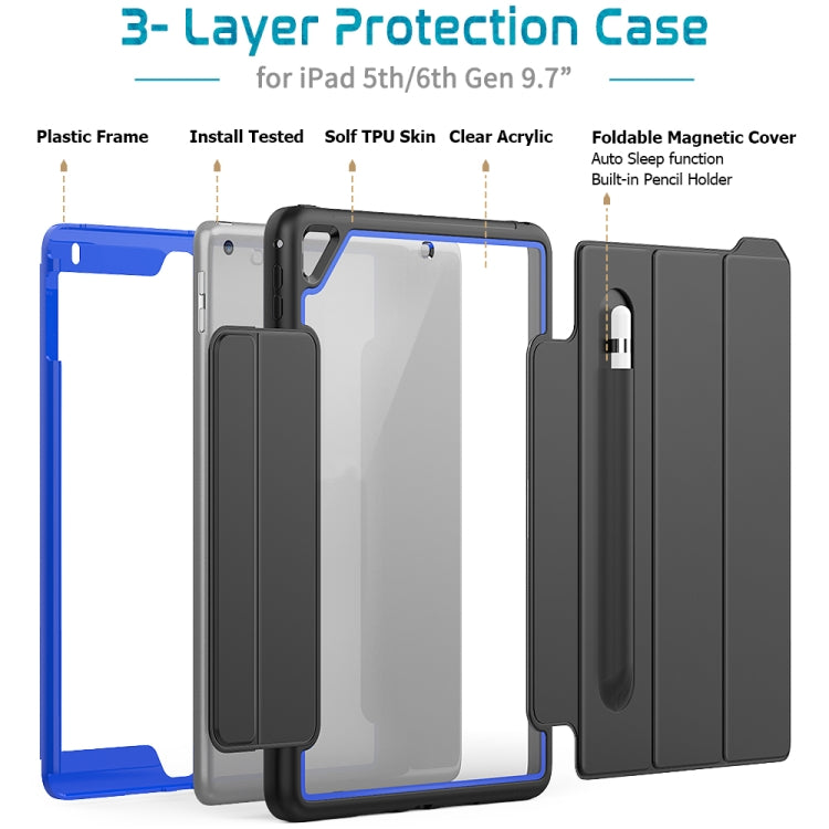 For iPad Air 2 / Air / 9.7 (2018 & 2017) Acrylic + TPU Horizontal Flip Smart Leather Case with Three-folding Holder & Pen Slot & Wake-up / Sleep Function