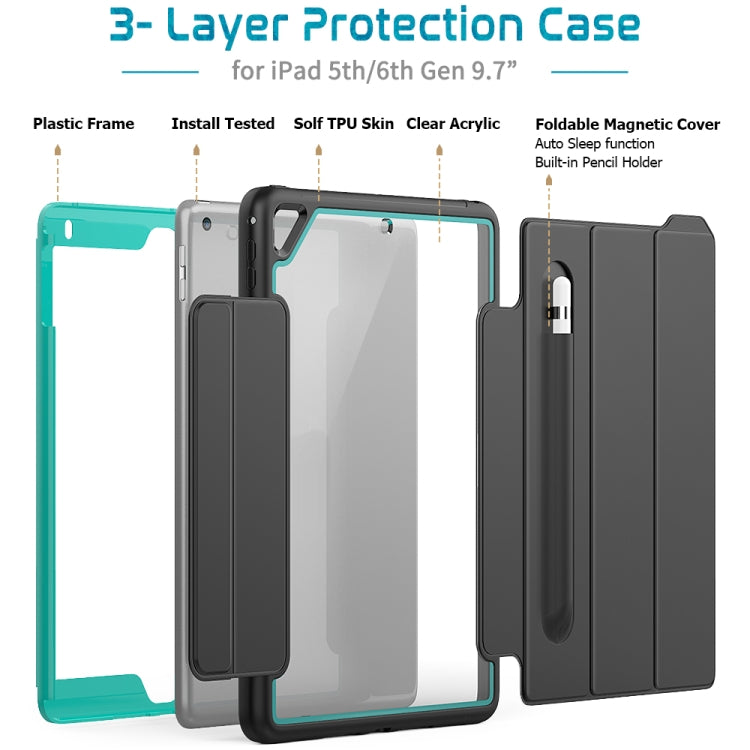 For iPad Air 2 / Air / 9.7 (2018 & 2017) Acrylic + TPU Horizontal Flip Smart Leather Case with Three-folding Holder & Pen Slot & Wake-up / Sleep Function