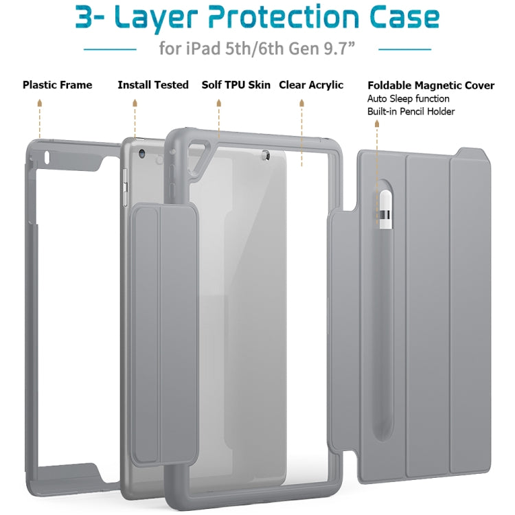 For iPad Air 2 / Air / 9.7 (2018 & 2017) Acrylic + TPU Horizontal Flip Smart Leather Case with Three-folding Holder & Pen Slot & Wake-up / Sleep Function
