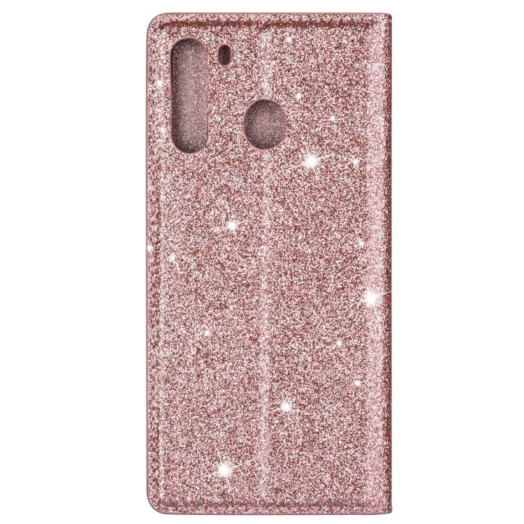 For Samsung Galaxy A21 Ultrathin Glitter Magnetic Horizontal Flip Leather Case with Holder & Card Slots(Rose Gold)