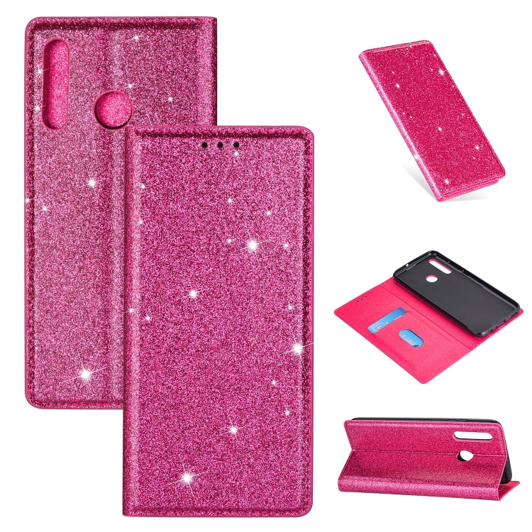 For Samsung Galaxy A40S Ultrathin Glitter Magnetic Horizontal Flip Leather Case with Holder & Card Slots(Rose Red)