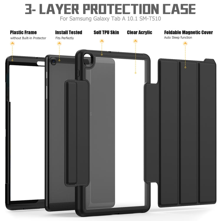 For Samsung Galaxy Tab A 10.1 (2019) T510/T515 Acrylic + TPU Horizontal Flip Smart Leather Case with Three-folding Holder & Pen Slot & Wake-up / Sleep Function