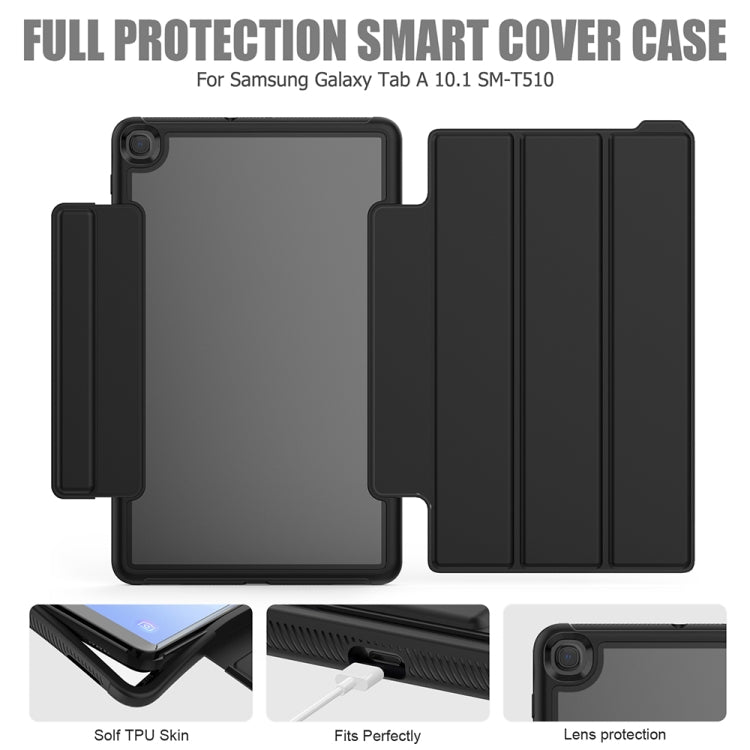 For Samsung Galaxy Tab A 10.1 (2019) T510/T515 Acrylic + TPU Horizontal Flip Smart Leather Case with Three-folding Holder & Pen Slot & Wake-up / Sleep Function
