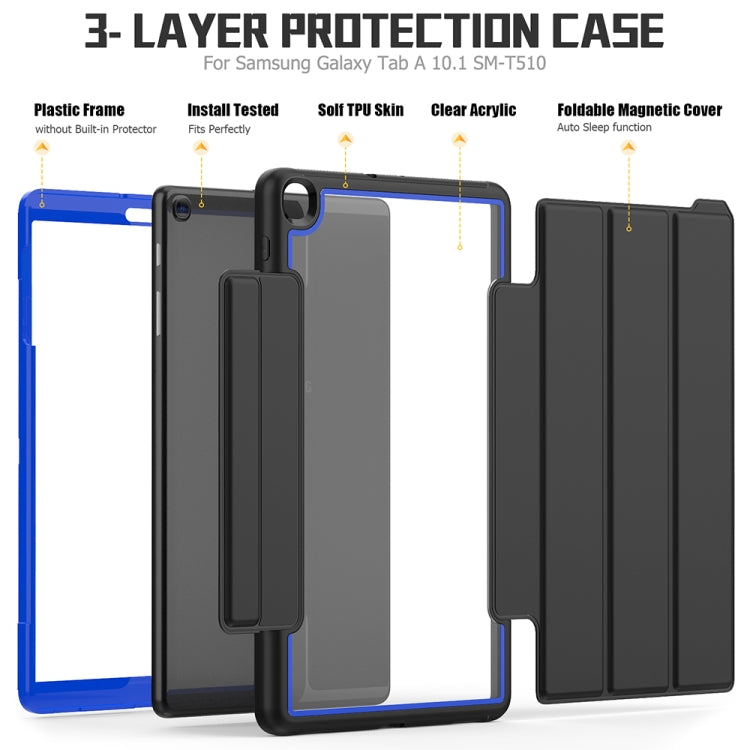 For Samsung Galaxy Tab A 10.1 (2019) T510/T515 Acrylic + TPU Horizontal Flip Smart Leather Case with Three-folding Holder & Pen Slot & Wake-up / Sleep Function