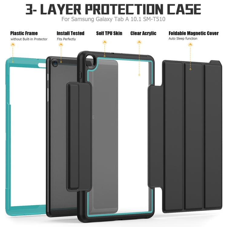 For Samsung Galaxy Tab A 10.1 (2019) T510/T515 Acrylic + TPU Horizontal Flip Smart Leather Case with Three-folding Holder & Pen Slot & Wake-up / Sleep Function