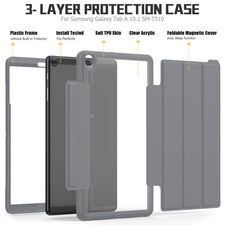 For Samsung Galaxy Tab A 10.1 (2019) T510/T515 Acrylic + TPU Horizontal Flip Smart Leather Case with Three-folding Holder & Pen Slot & Wake-up / Sleep Function