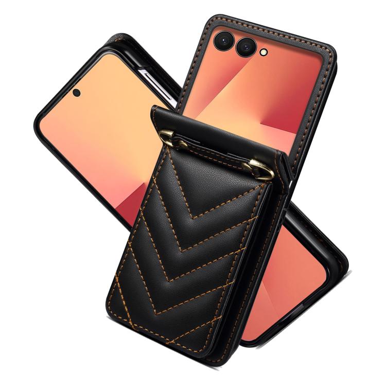 For Samsung Galaxy Z Flip7 5G Rhombic Folding Leather Phone Case with Long Lanyard