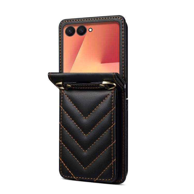 For Samsung Galaxy Z Flip7 5G Rhombic Folding Leather Phone Case with Long Lanyard