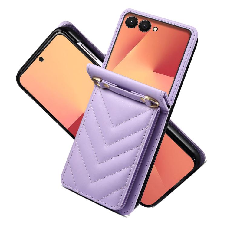 For Samsung Galaxy Z Flip7 5G Rhombic Folding Leather Phone Case with Long Lanyard
