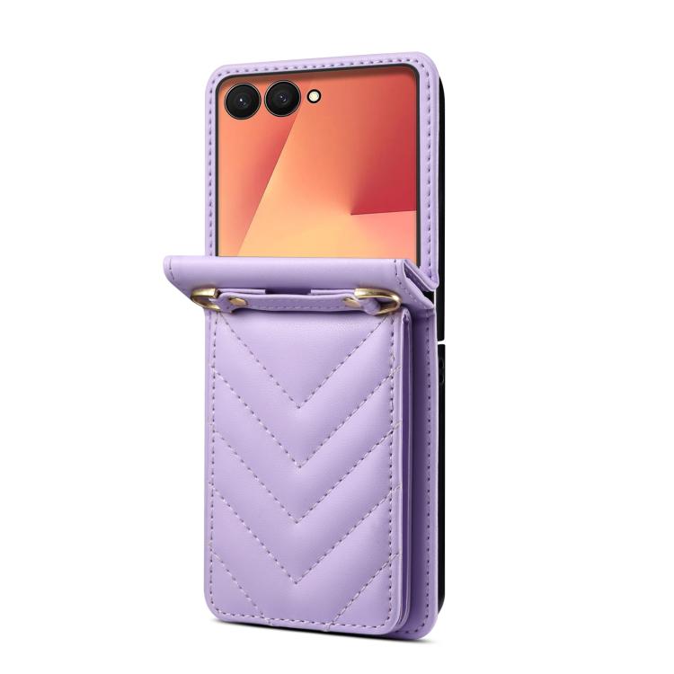 For Samsung Galaxy Z Flip7 5G Rhombic Folding Leather Phone Case with Long Lanyard