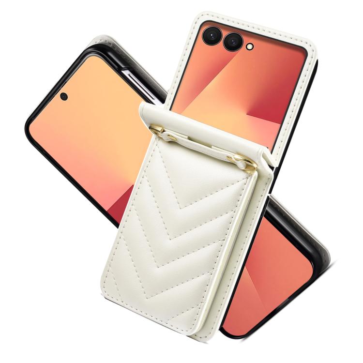For Samsung Galaxy Z Flip7 5G Rhombic Folding Leather Phone Case with Long Lanyard
