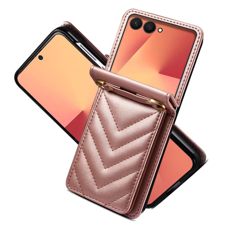 For Samsung Galaxy Z Flip7 5G Rhombic Folding Leather Phone Case with Long Lanyard