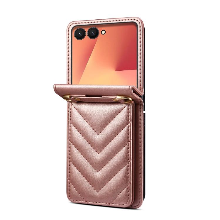 For Samsung Galaxy Z Flip7 5G Rhombic Folding Leather Phone Case with Long Lanyard